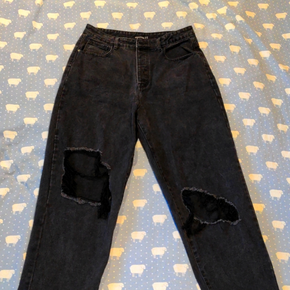 PrettyLittleThing high rise button fly wide leg distressed jeans black size 12